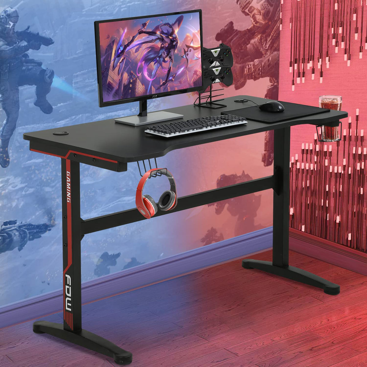 47 Inch T-Shaped Gaming Desk with Headphone Hook and Cup Holder I61168