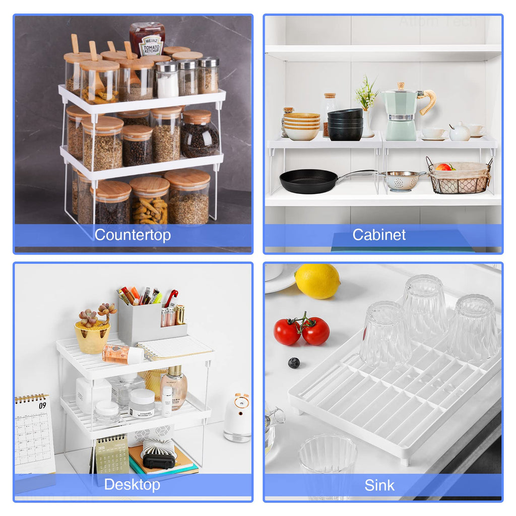 4-Pack Stackable Plastic Kitchen Storage Shelf Foldable Rack White D643759