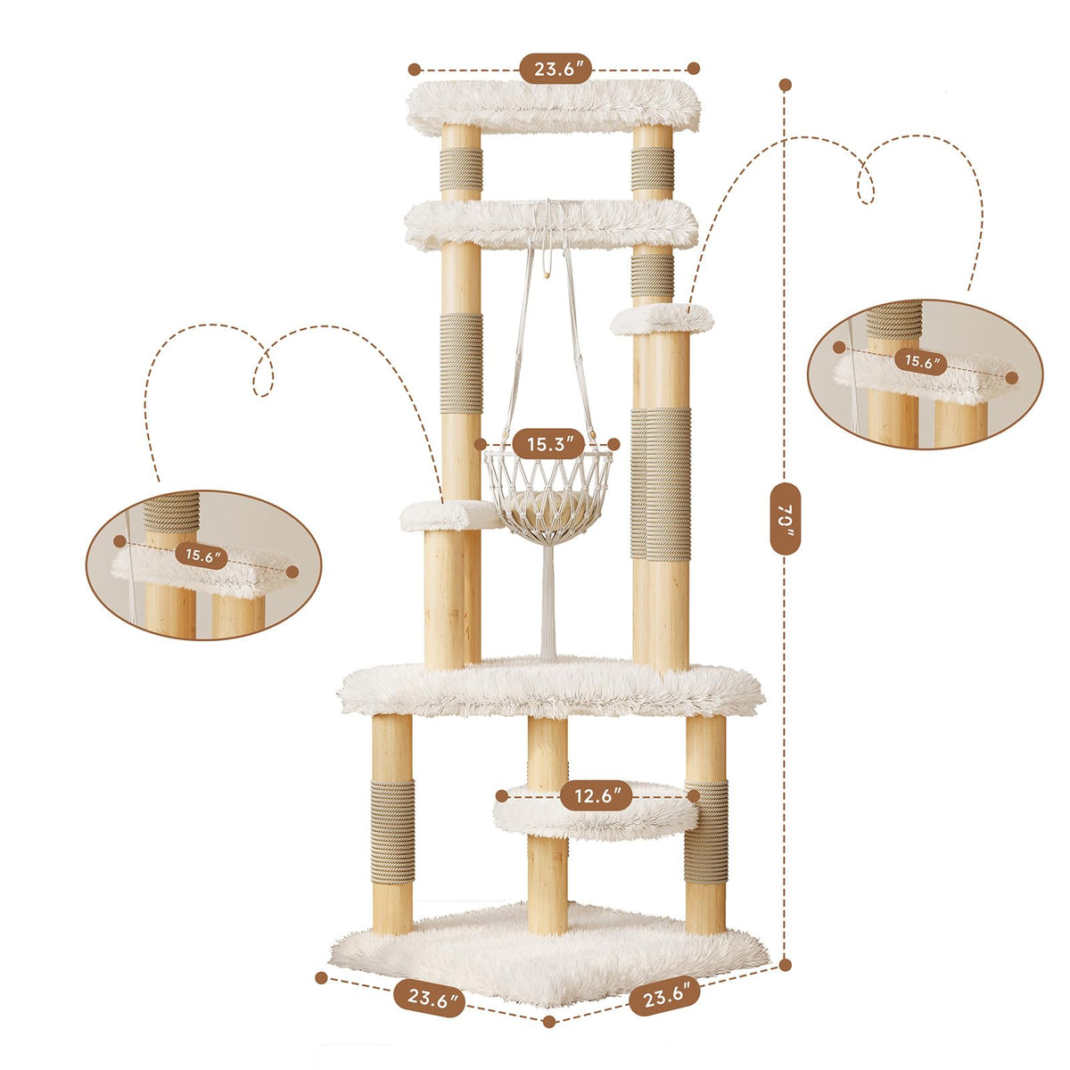 70" Solid Wooden Cat Tree Tower with Sisal Scratching Post & Hammock R224496