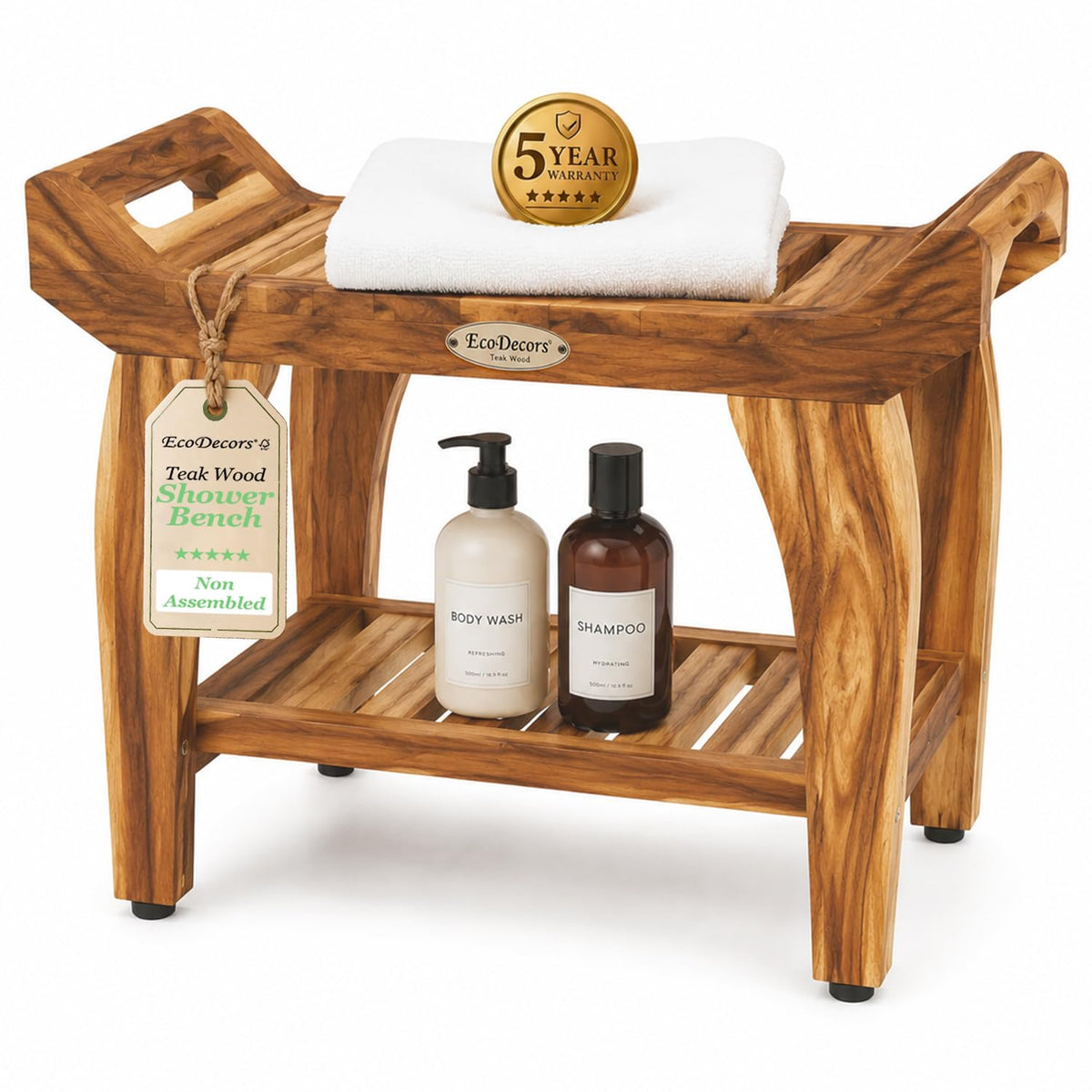 24" Teak Shower Bench with Arms & Storage Shelf R635101