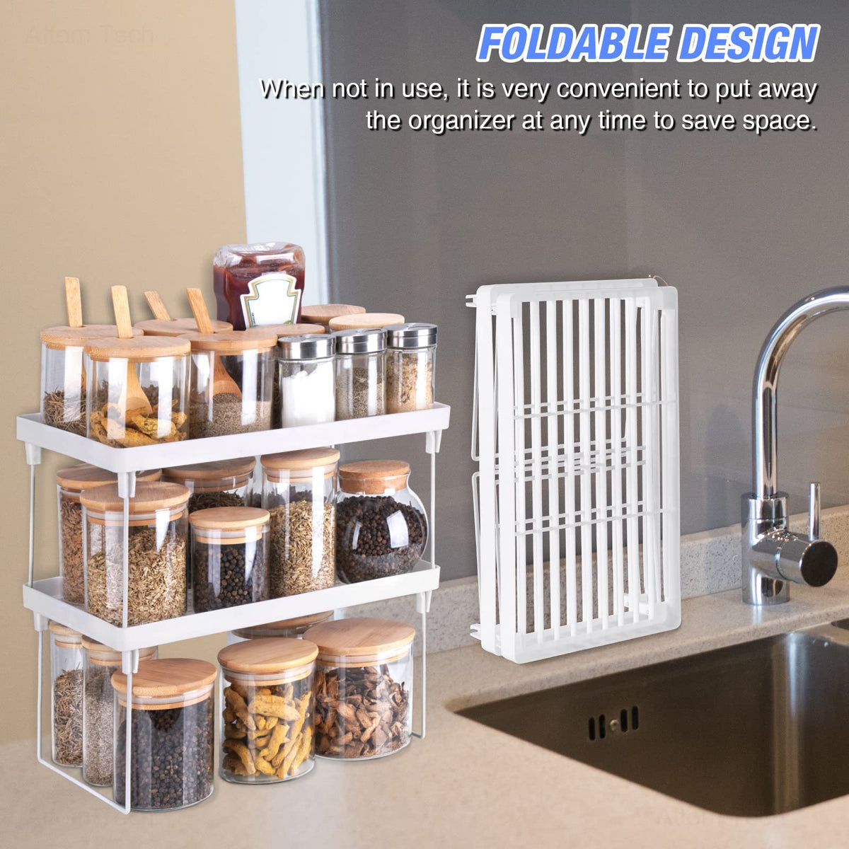 4-Pack Stackable Plastic Kitchen Storage Shelf Foldable Rack White D643759