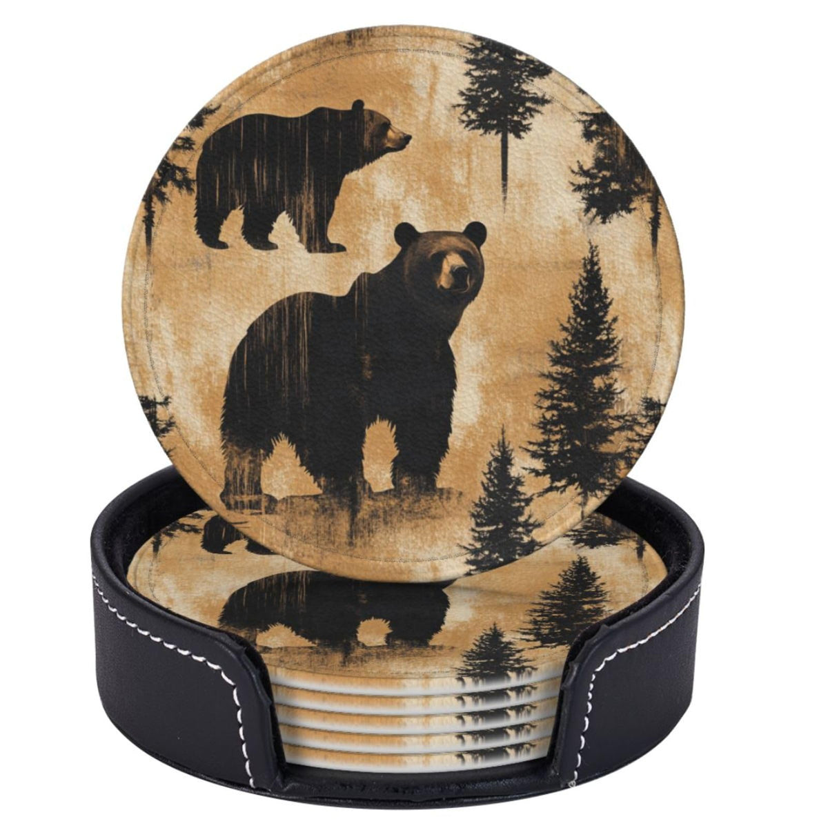 Black Leather Coasters with Holder F277