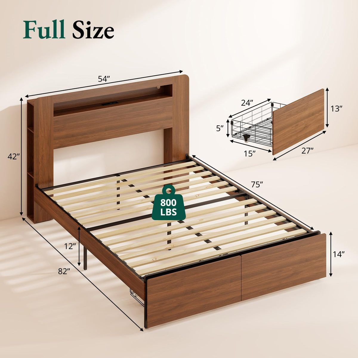 Wood Bed Frame Full with 2 Storage Drawers V506515