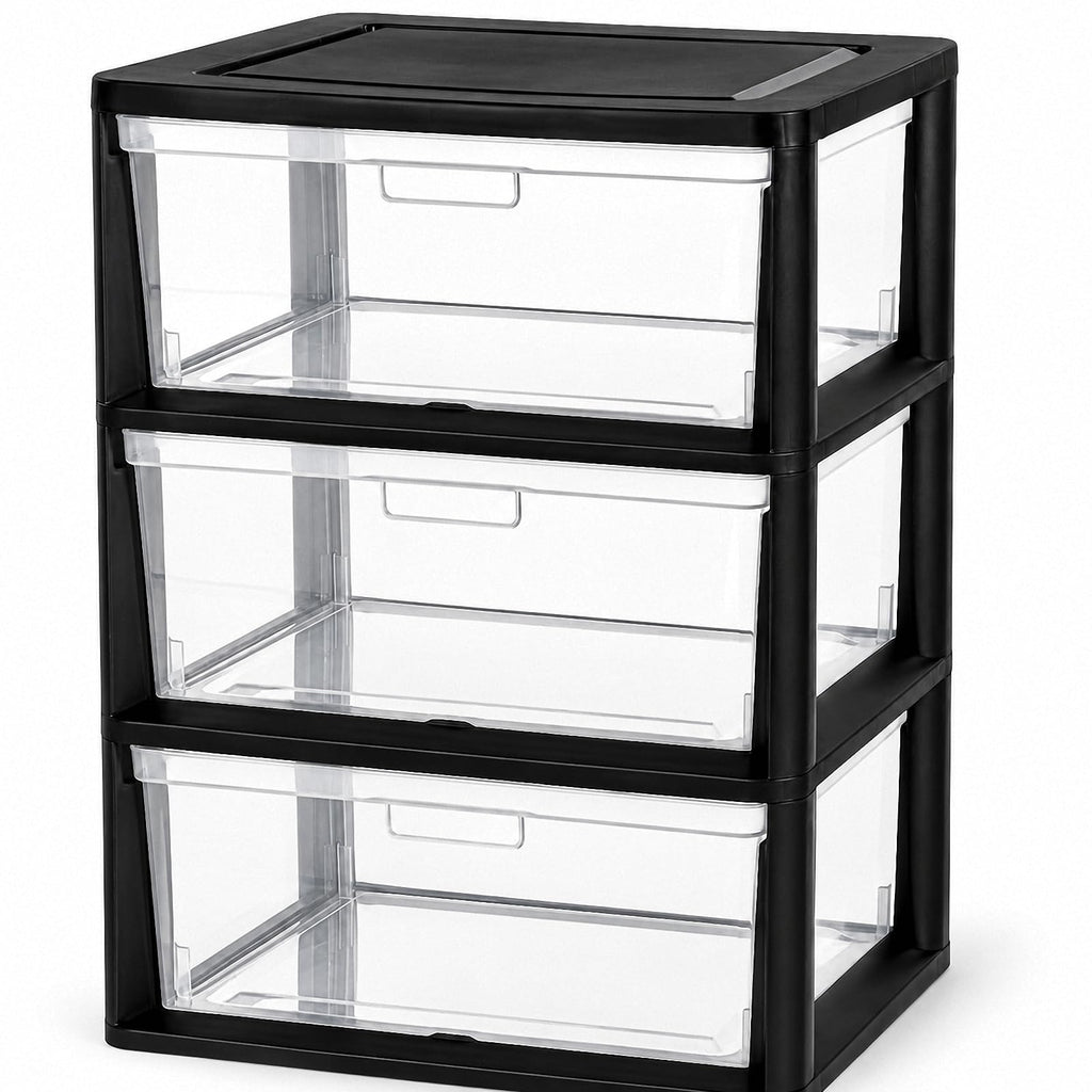 Black 3 Drawer Plastic Storage Tower with Clear Bins K6210