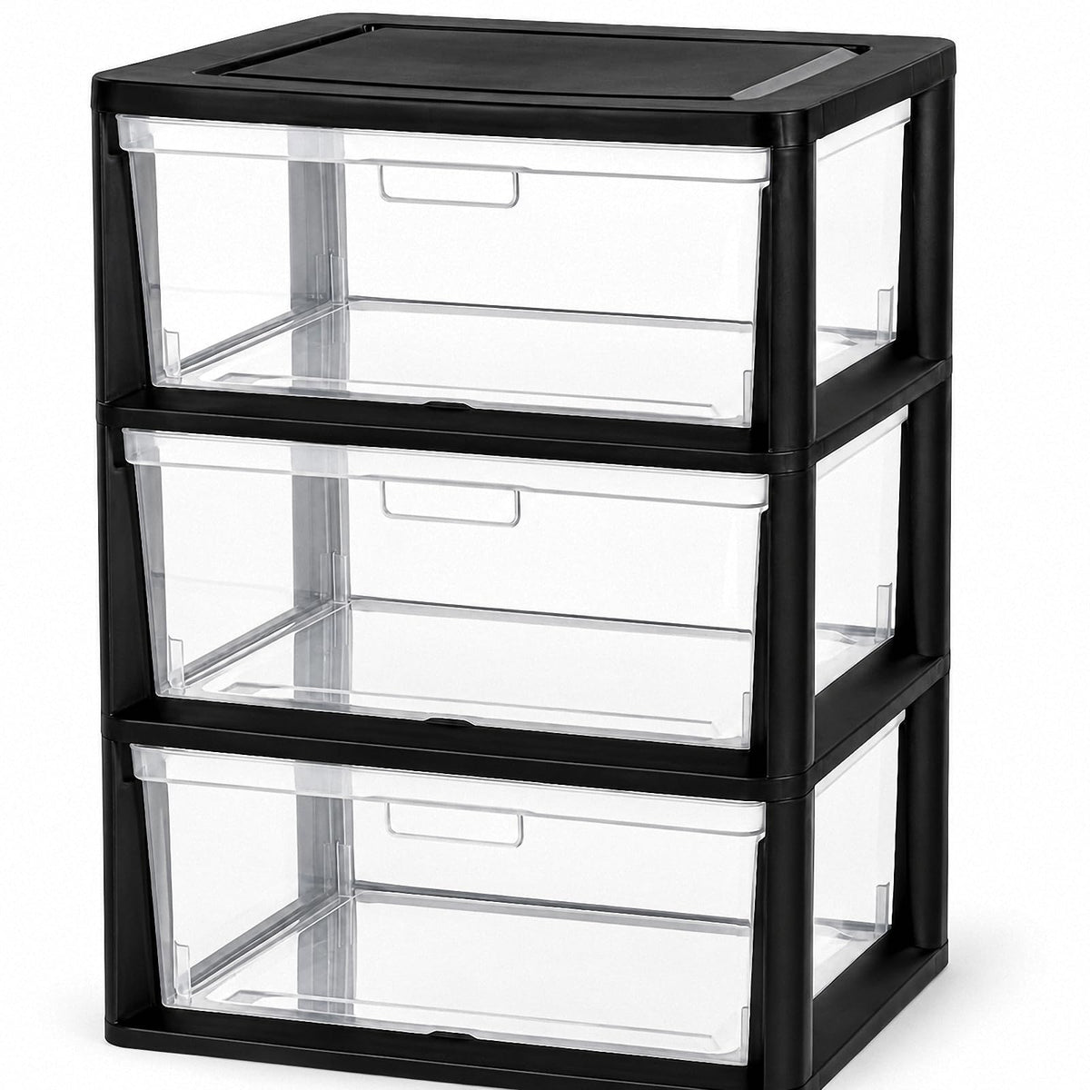 Black 3 Drawer Plastic Storage Tower with Clear Bins K6210