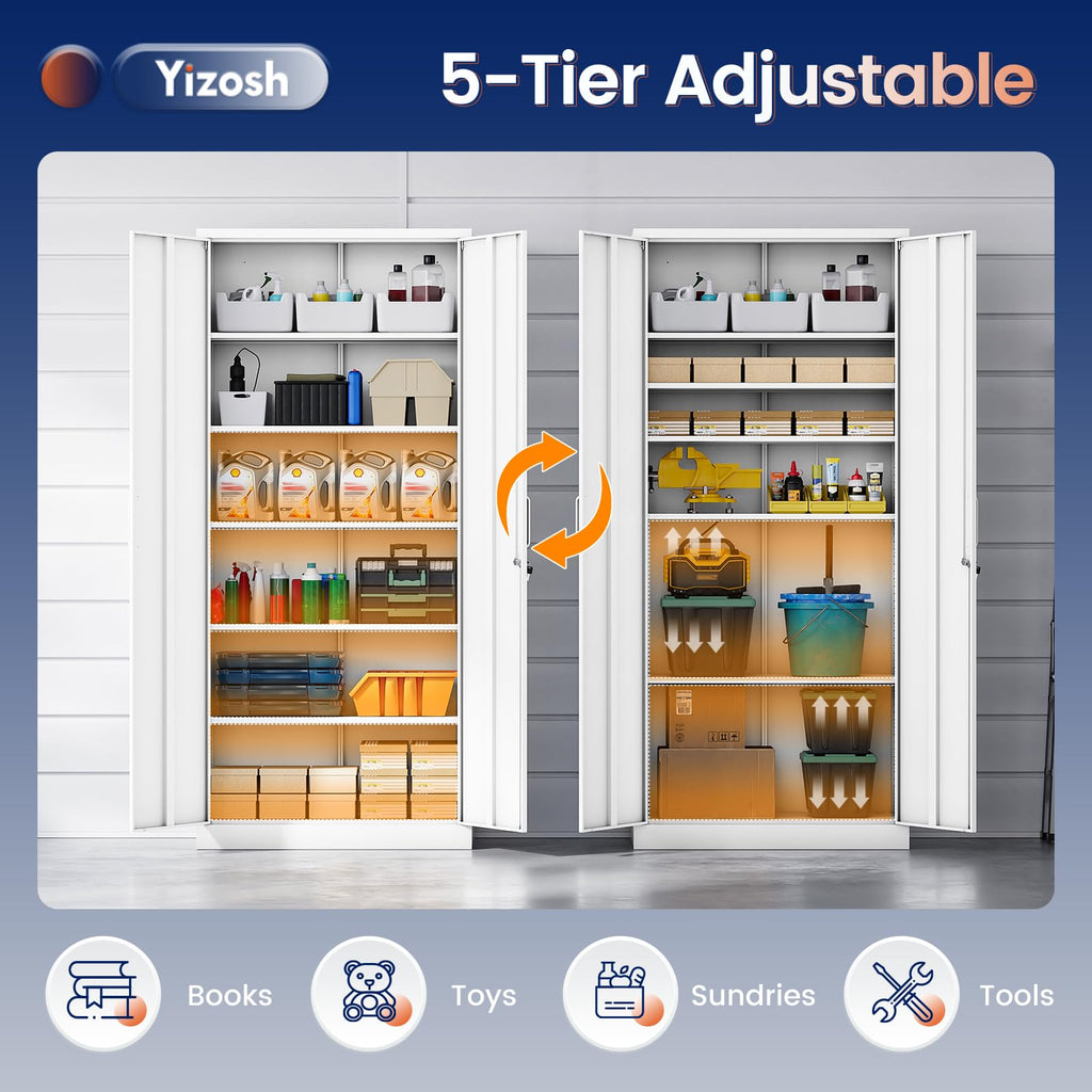 White Metal Storage Cabinet with 2 Doors and 5 Adjustable Shelves B782981