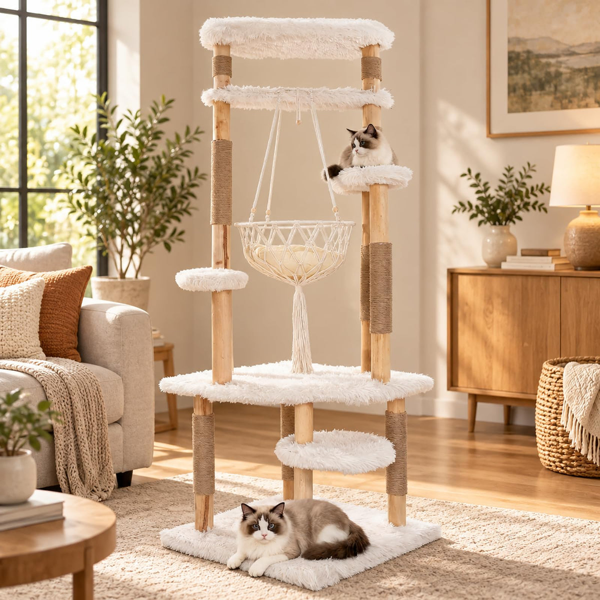 70" Solid Wooden Cat Tree Tower with Sisal Scratching Post & Hammock R224496