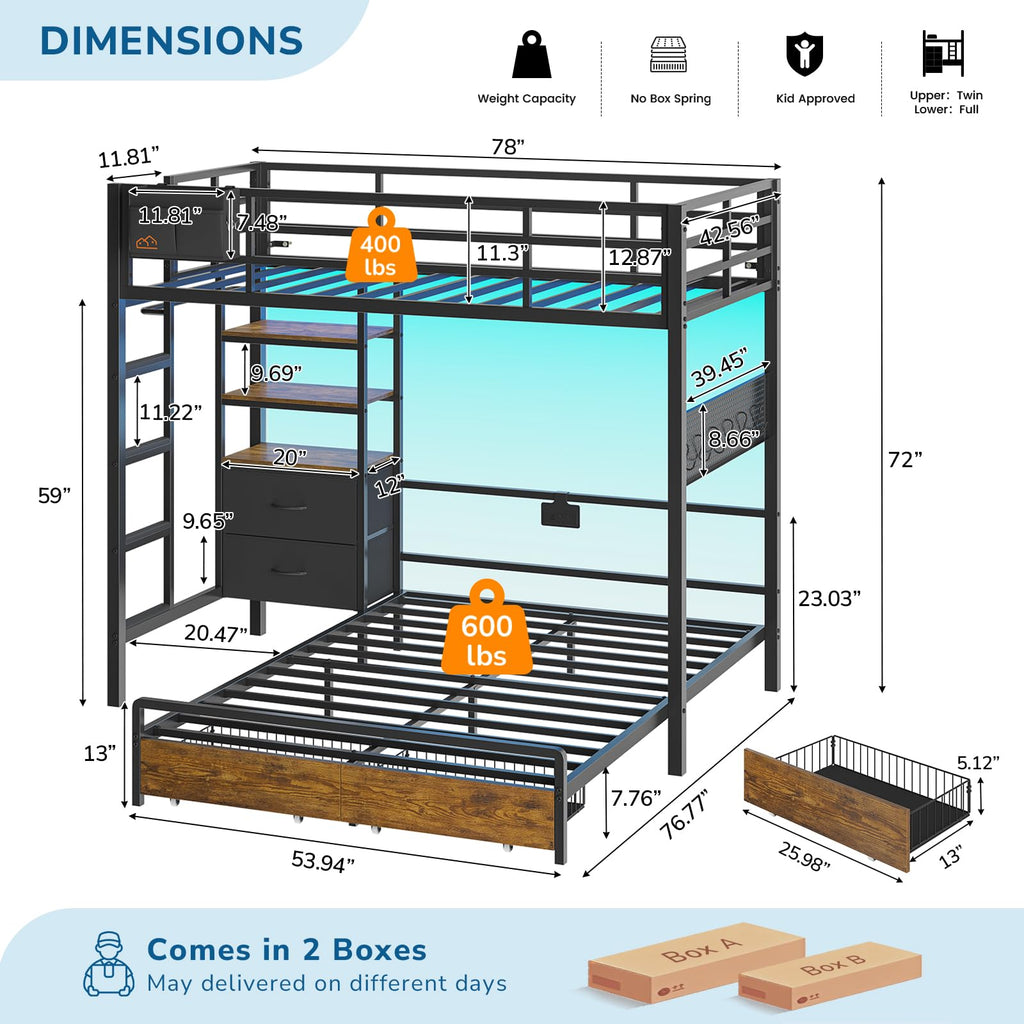 Black Twin Over Full Bunk Bed with Storage Drawers and Bookshelf O90151