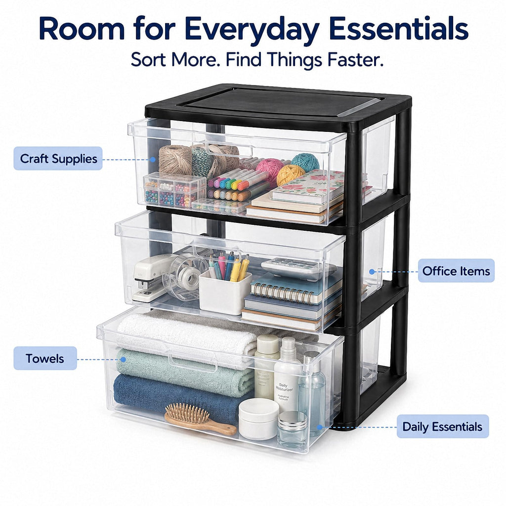 Black 3 Drawer Plastic Storage Tower with Clear Bins K6210
