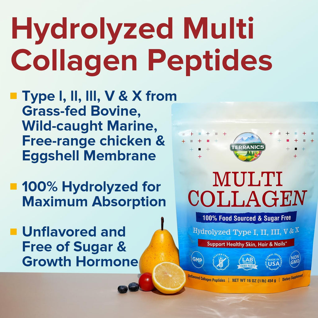 Multi Collagen Peptides Powder, 20g Per Serving, Hydrolyzed Type I II III V X, Unflavored V955314