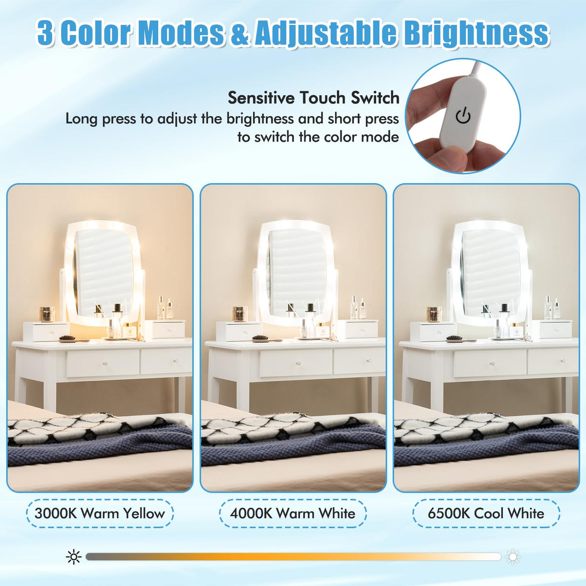White Vanity Desk with Mirror and Lights, 4 Drawers, Stool V11059