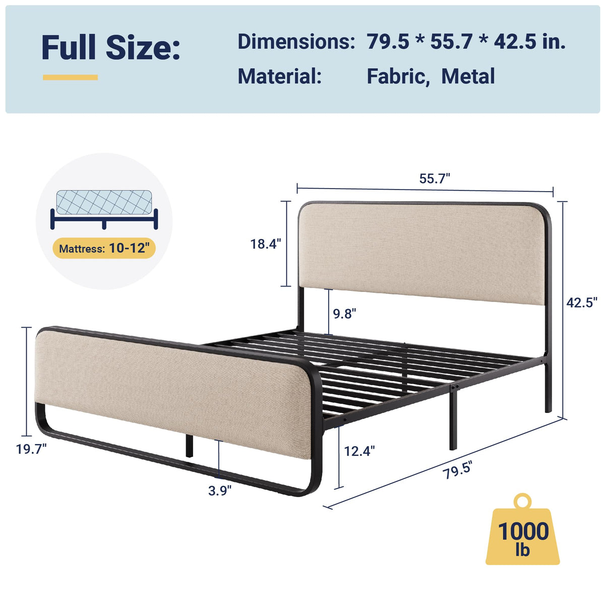 Full Metal Bed Frame with Upholstered, Beige Q69959