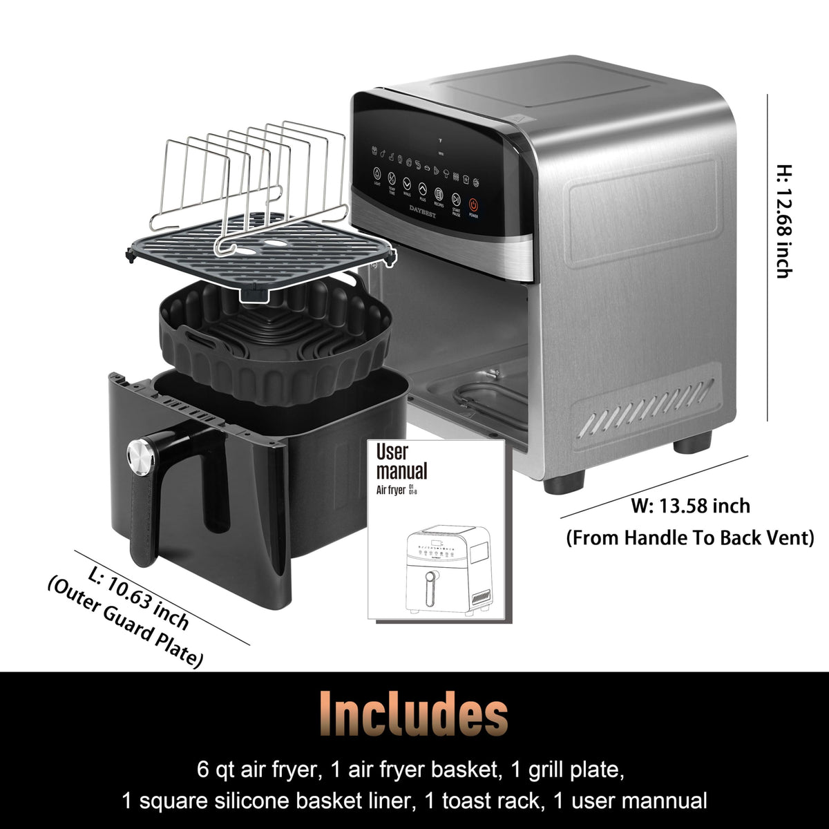 Stainless Steel Ceramic Coated 6QT Air Fryer E2686