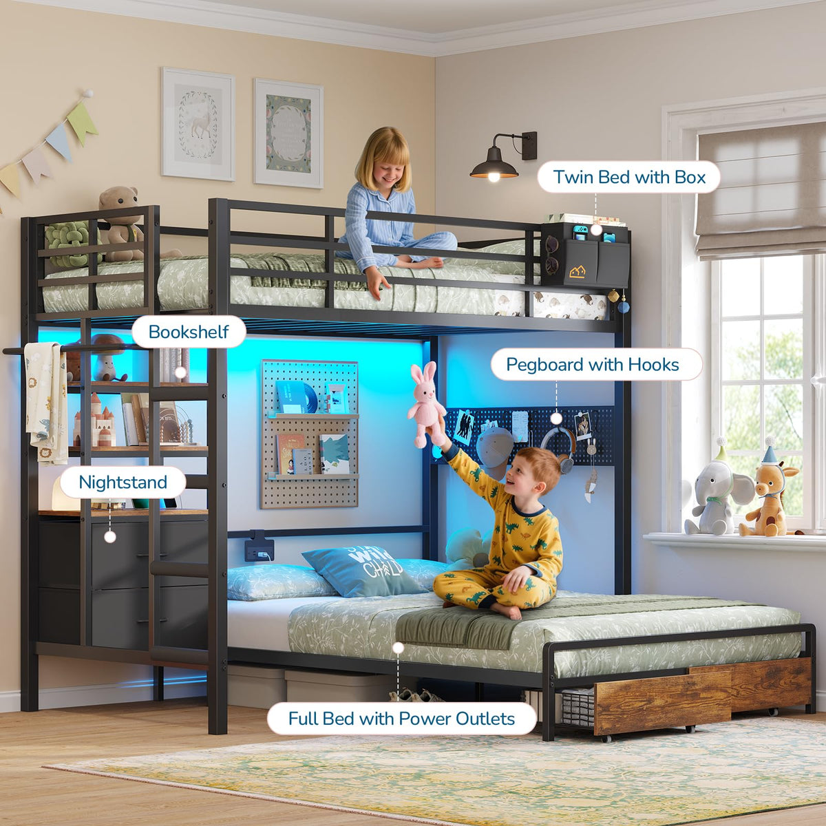 Black Twin Over Full Bunk Bed with Storage Drawers and Bookshelf O90151