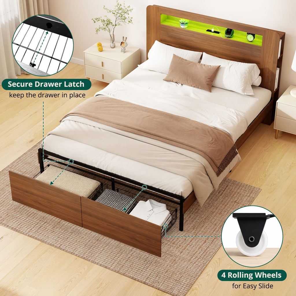 Wood Bed Frame Full with 2 Storage Drawers V506515