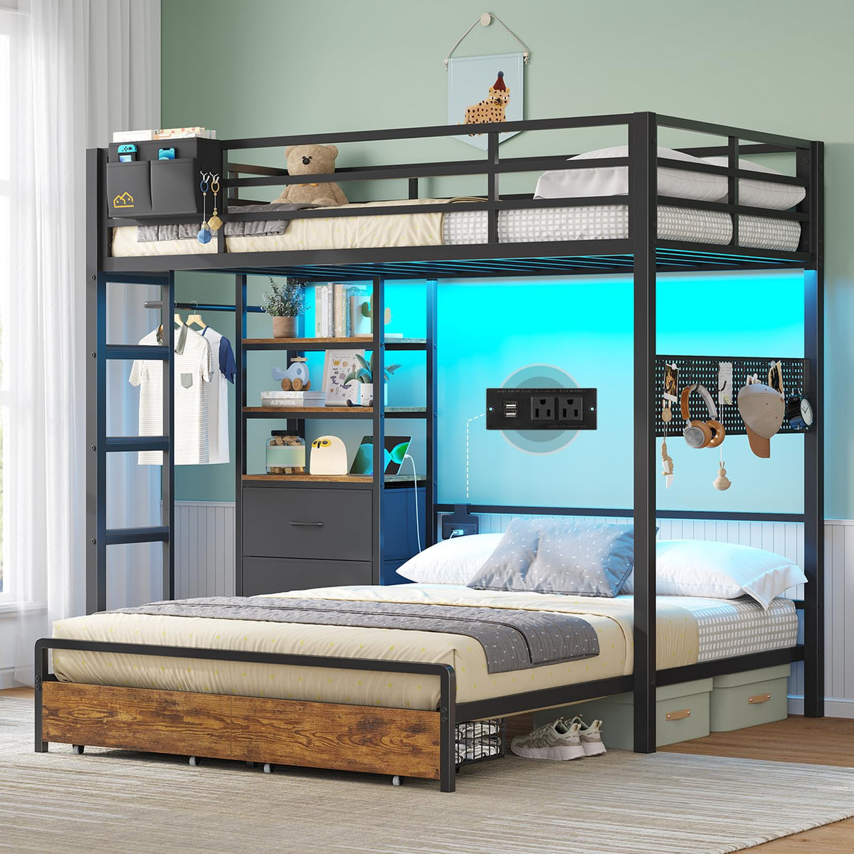 Black Twin Over Full Bunk Bed with Storage Drawers and Bookshelf O90151