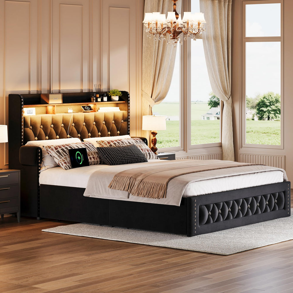 Queen Size Velvet Upholstered Platform Bed with 4 Storage Drawers S71755