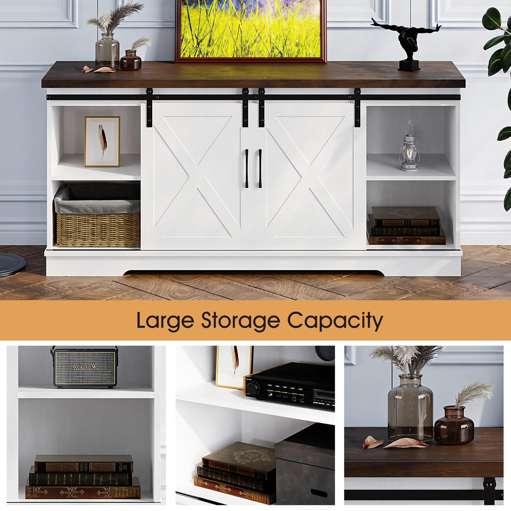 Farmhouse TV Stand with Sliding Barn Doors, White & Brown I694691