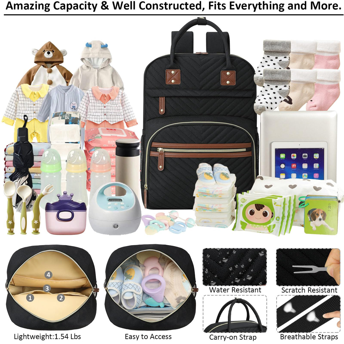 Diaper Bag Backpack with Insulated Pockets Black V8030