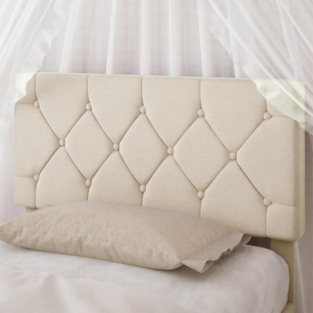 Twin Bed Frame with Upholstered Tufted Headboard, Beige Y539