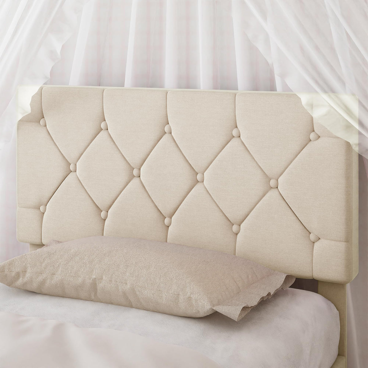 Twin Bed Frame with Upholstered Tufted Headboard, Beige Y539