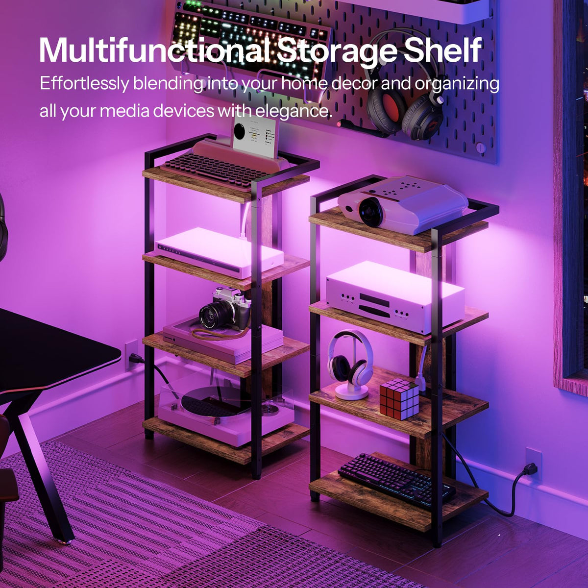 4-Tier Media Stand with Charging Station & LED Light S26012