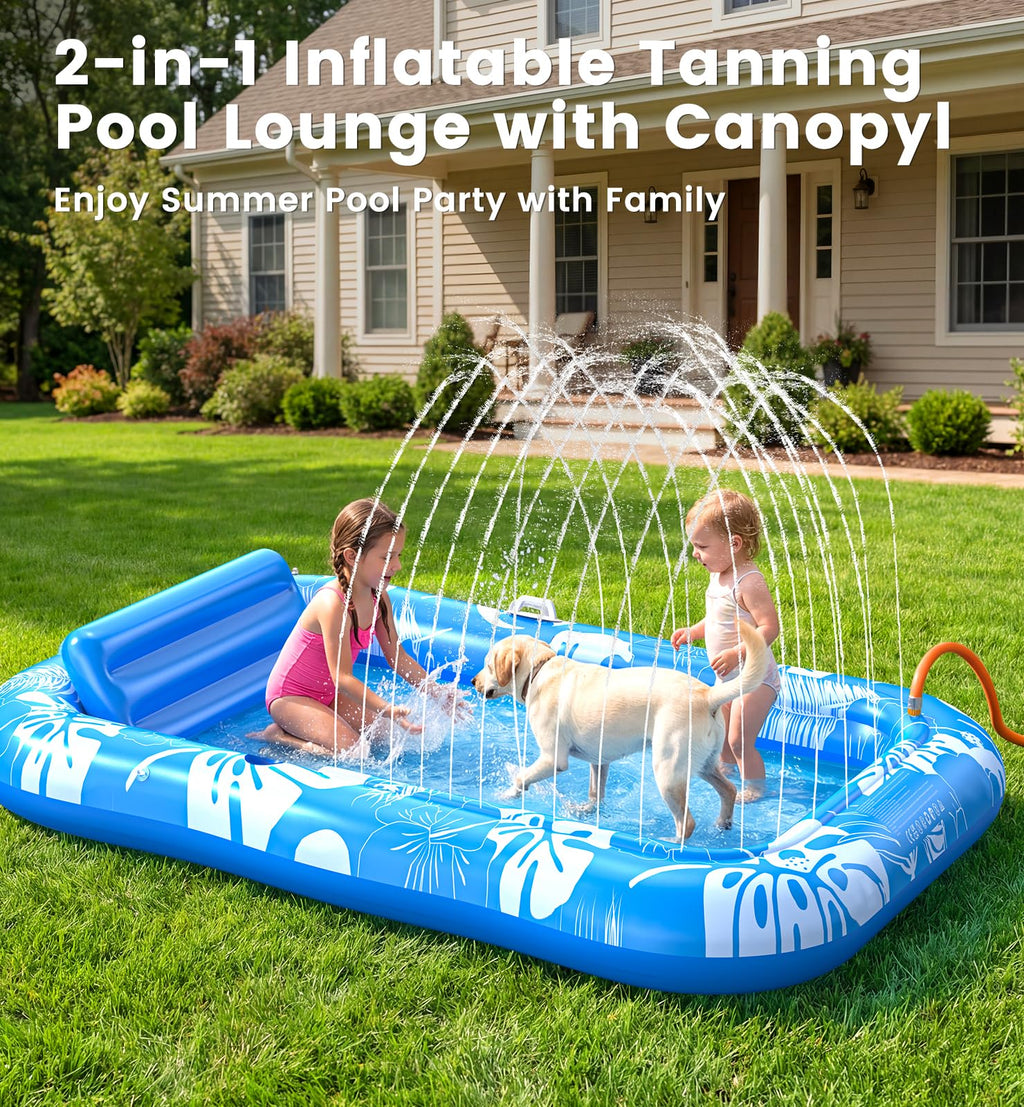 Inflatable Tanning Pool Lounger Float with Sprinkler, Pillow & Cup Holder L239
