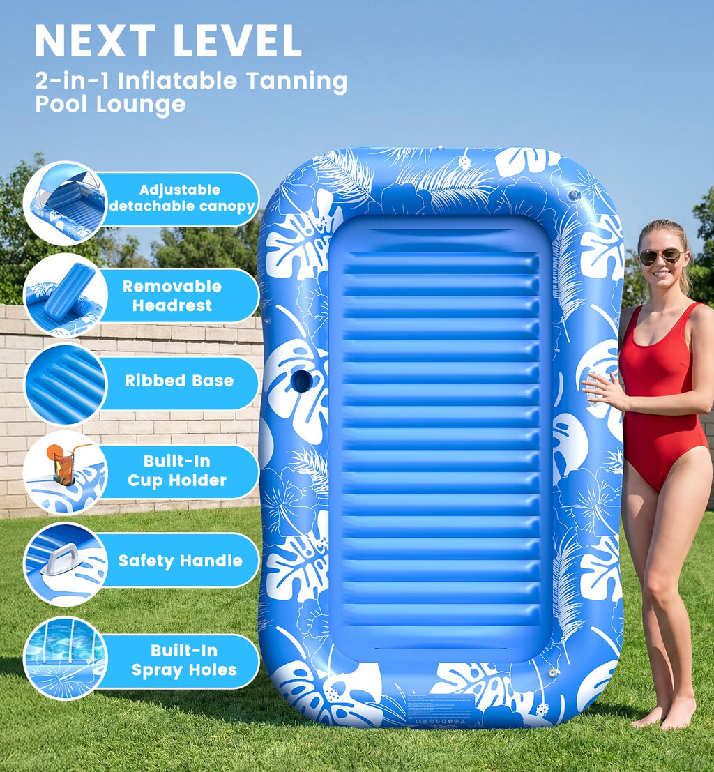 Inflatable Tanning Pool Lounger Float with Sprinkler, Pillow & Cup Holder L239