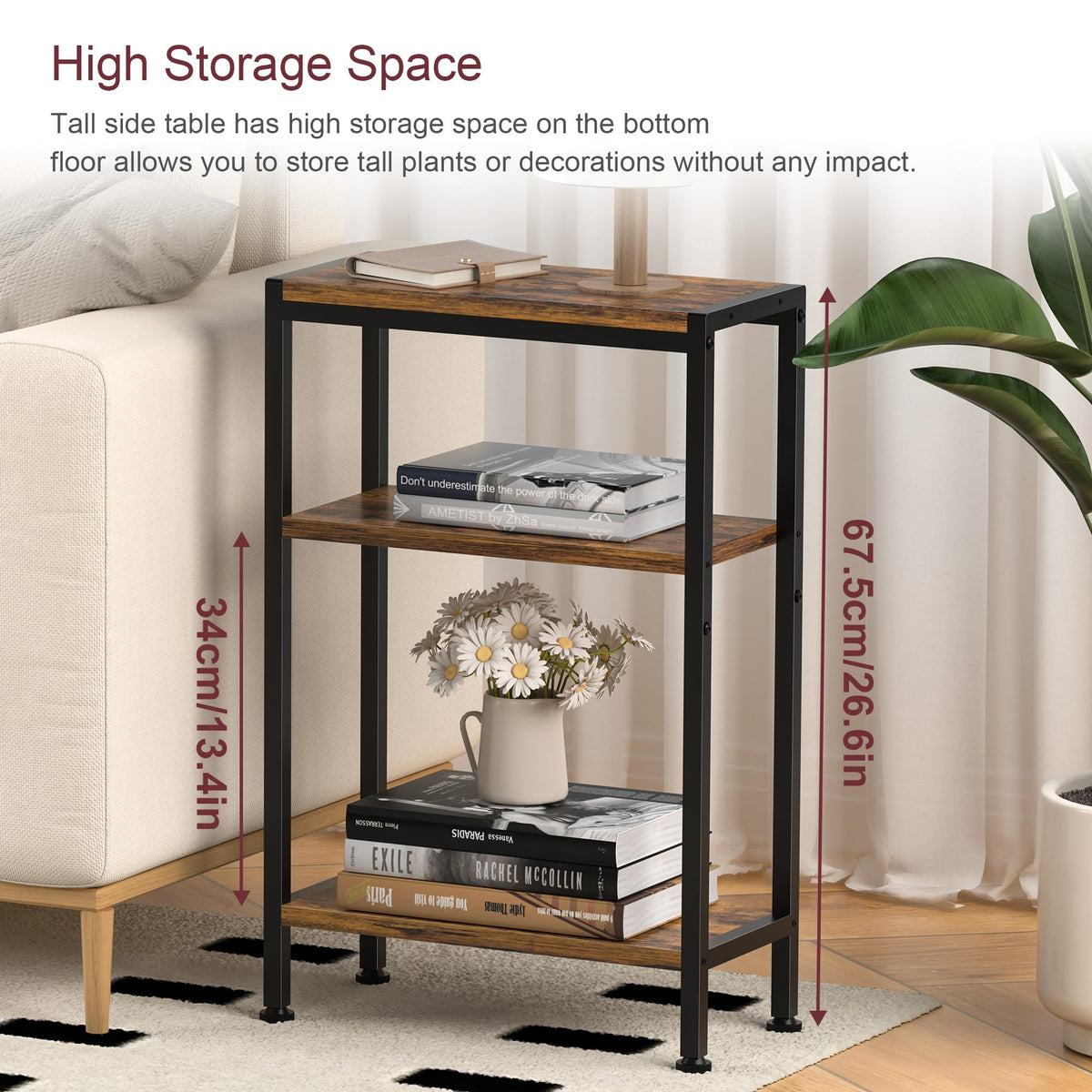Narrow 3 Tier Slim Side Table Rustic Brown M9443