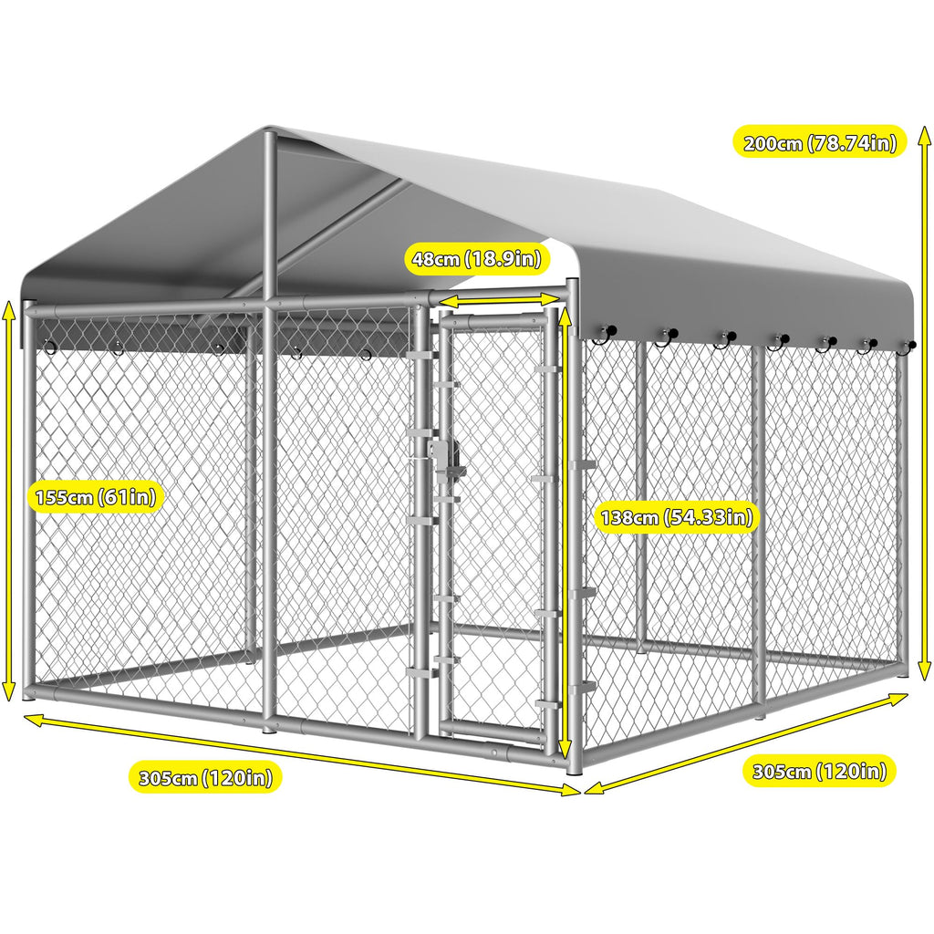 10 x 10 x 6.56 ft Galvanized Chain Link Dog Kennel with Roof T72478