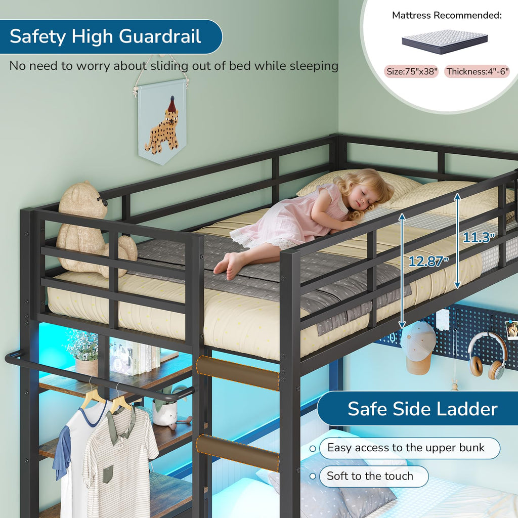 Black Twin Over Full Bunk Bed with Storage Drawers and Bookshelf O90151