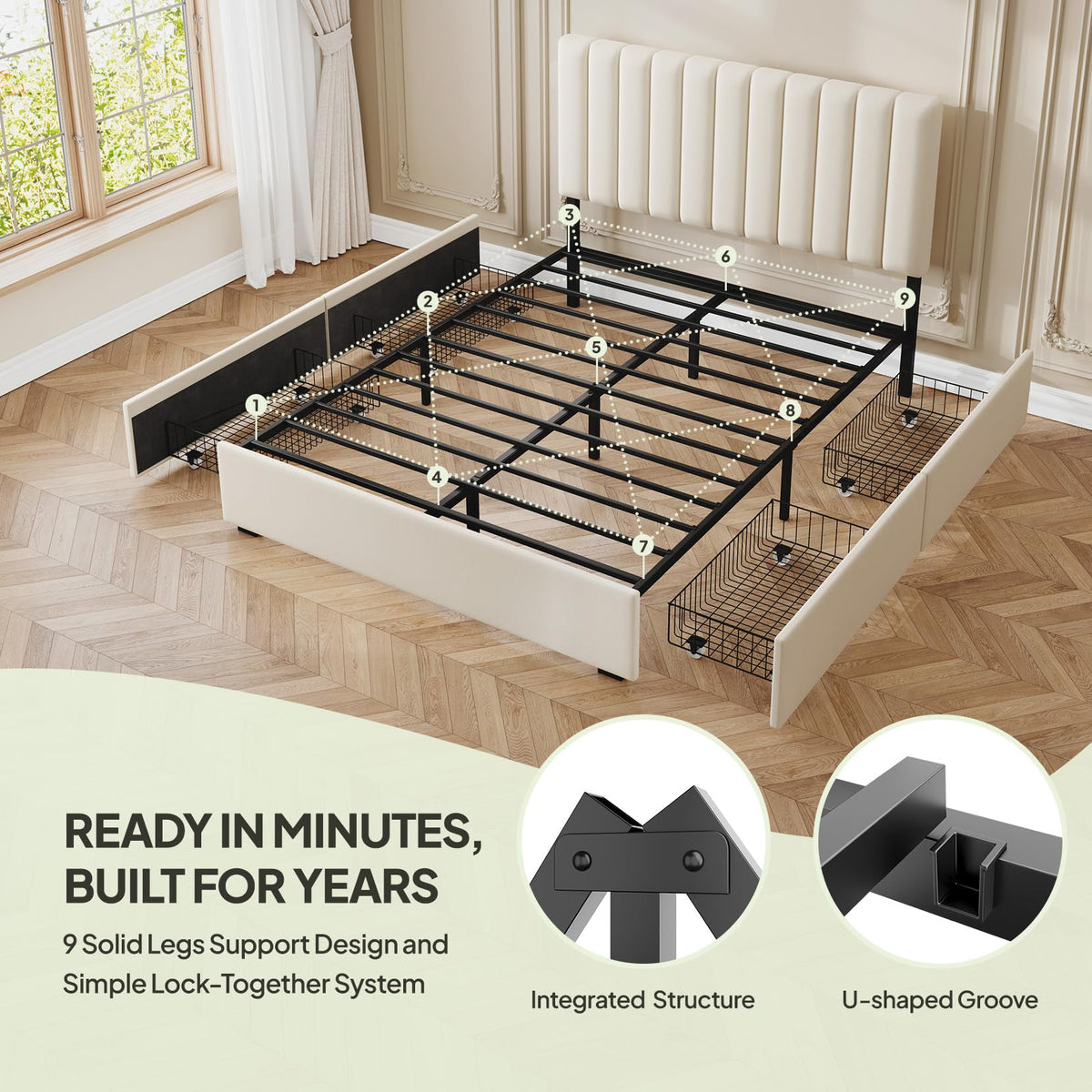 White Full Size Upholstered Bed Frame with Headboard & 4 Drawers J249