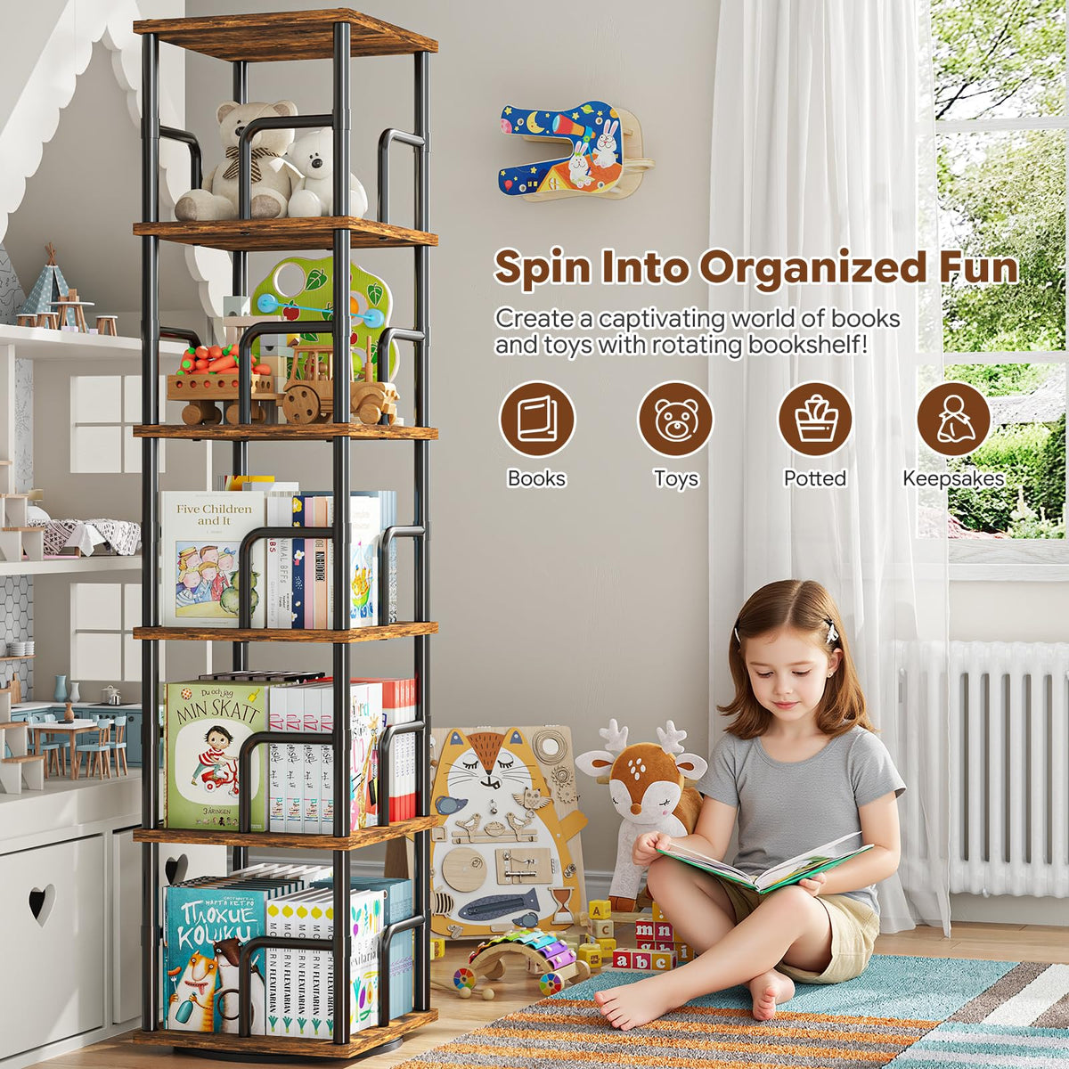 5-Tier Rotating Bookshelf with Safety Rails M5347