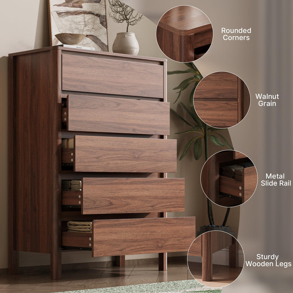 Walnut 5 Drawer Wood Dresser L8353