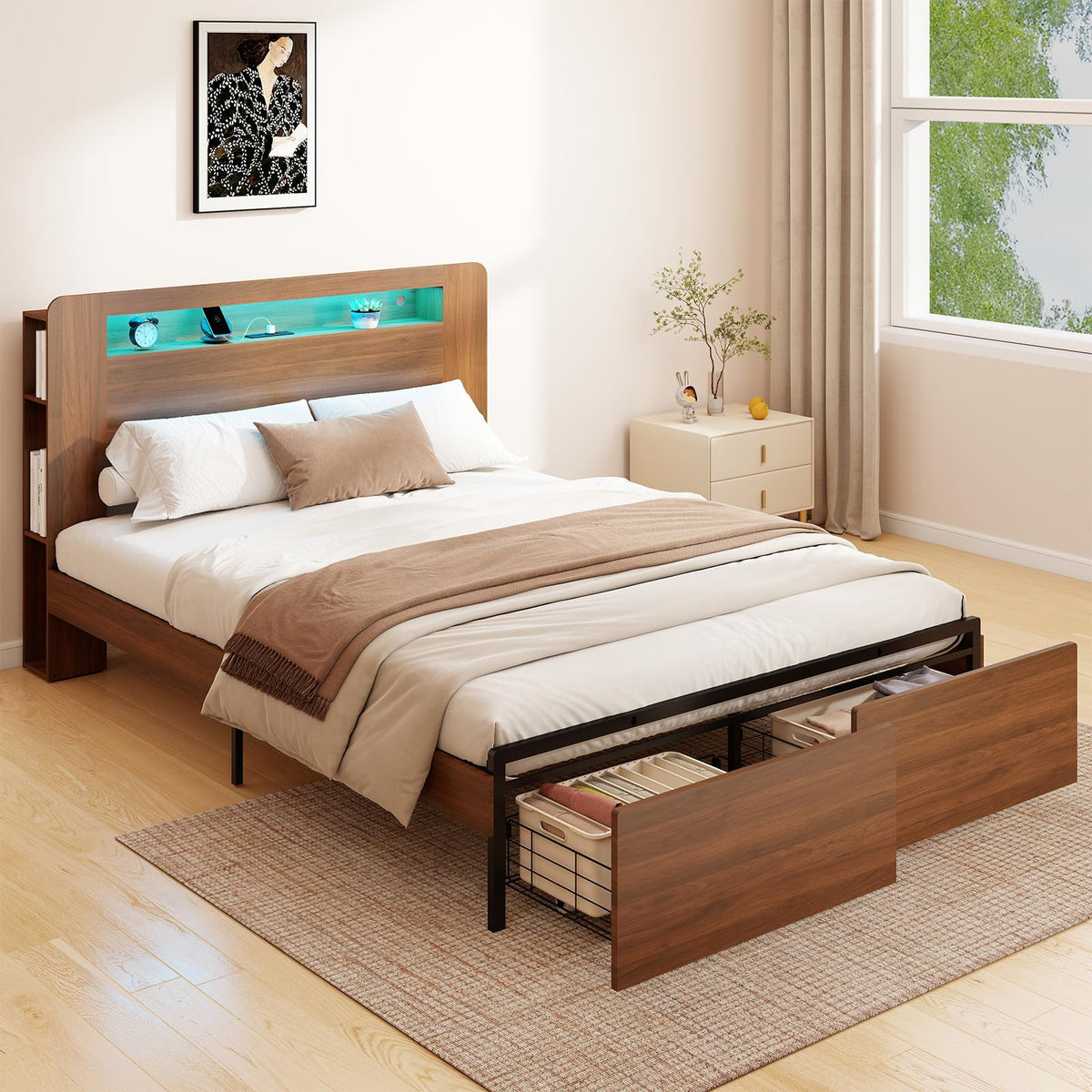 Wood Bed Frame Full with 2 Storage Drawers V506515