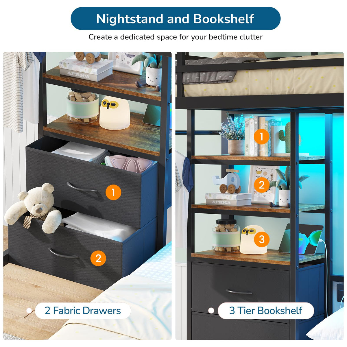 Black Twin Over Full Bunk Bed with Storage Drawers and Bookshelf O90151