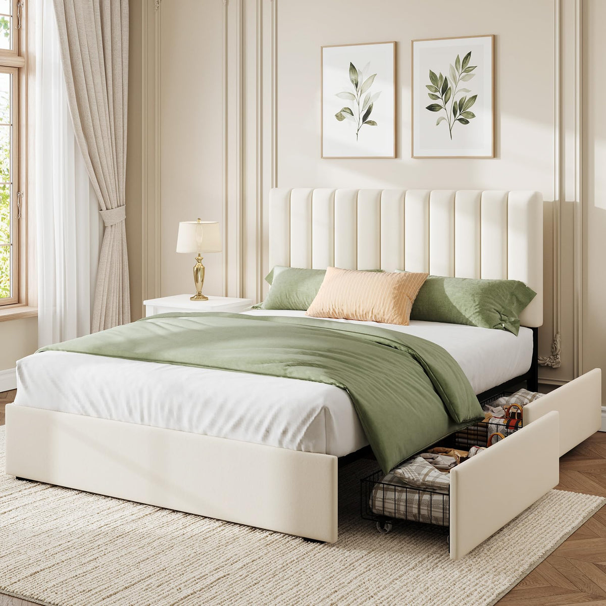 White Full Size Upholstered Bed Frame with Headboard & 4 Drawers J249