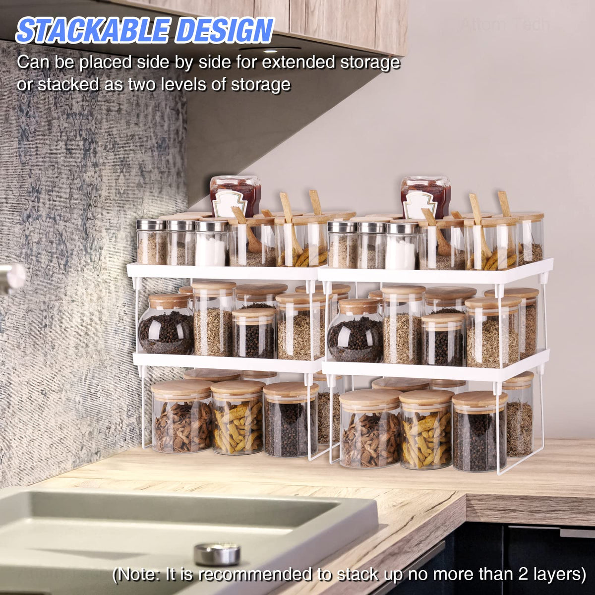 4-Pack Stackable Plastic Kitchen Storage Shelf Foldable Rack White D643759