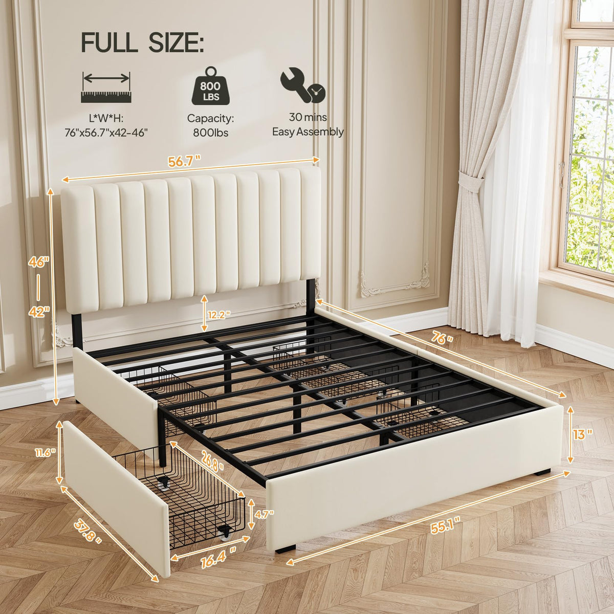 White Full Size Upholstered Bed Frame with Headboard & 4 Drawers J249