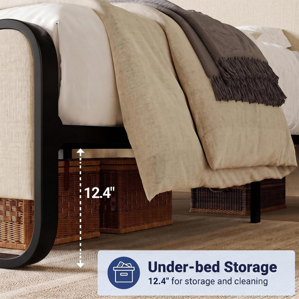 Full Metal Bed Frame with Upholstered, Beige Q69959