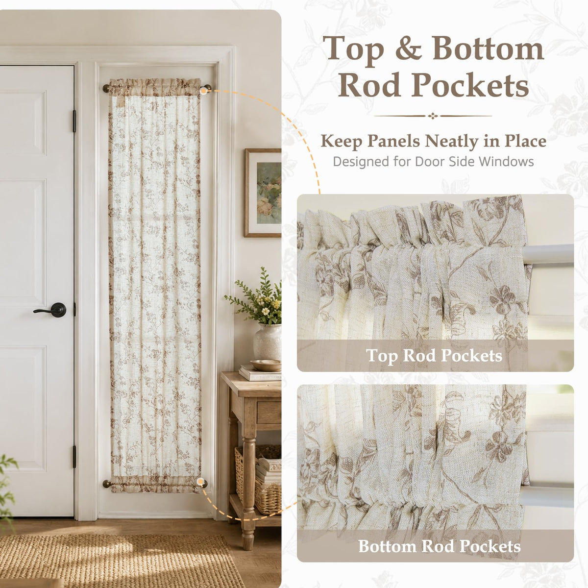 Taupe Linen Floral 72 Inch Rod Pocket Curtains 2 Panels D755875