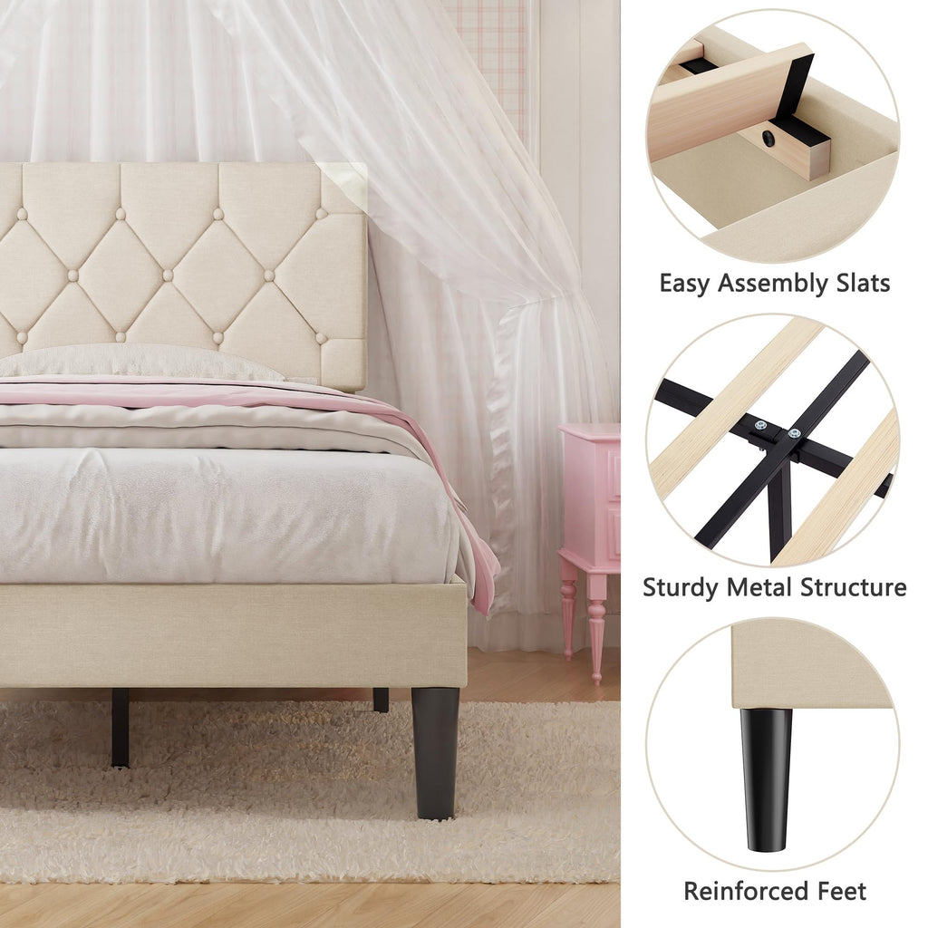Twin Bed Frame with Upholstered Tufted Headboard, Beige Y539