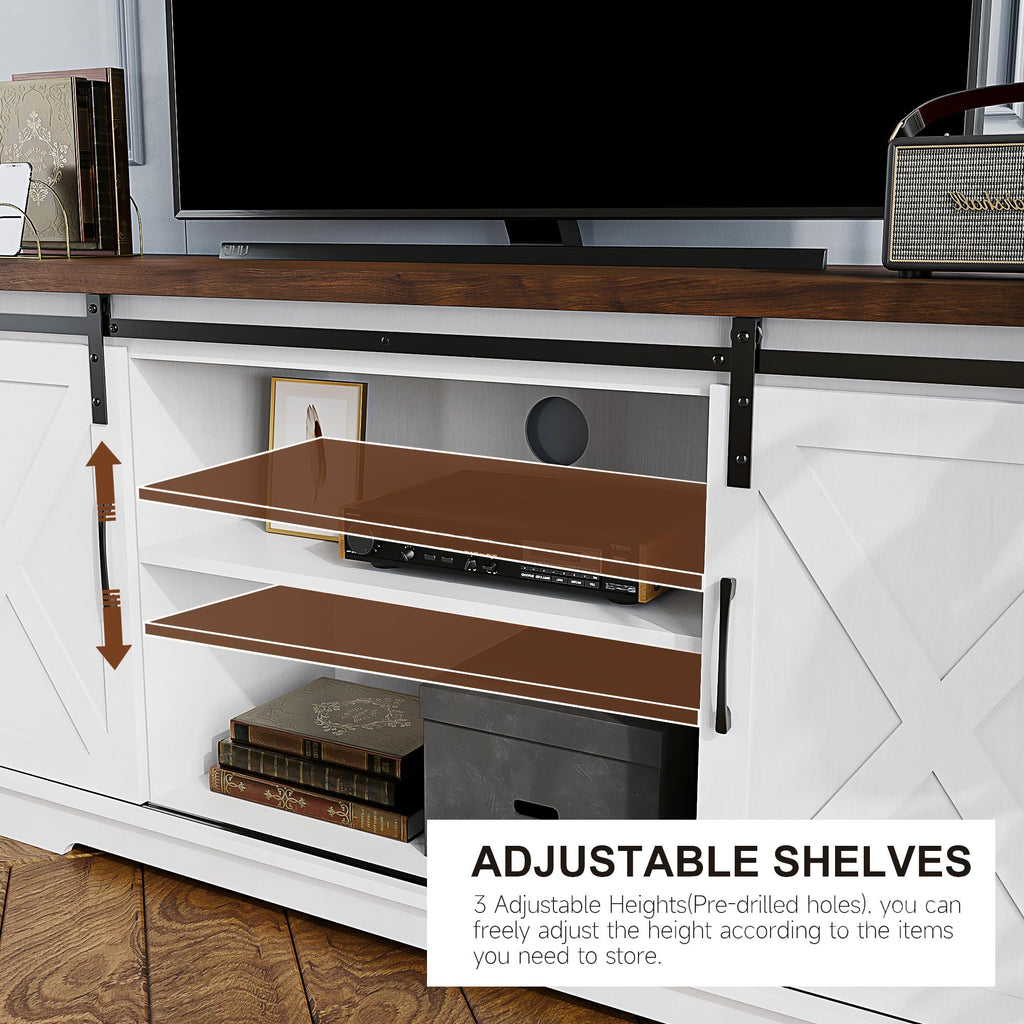 Farmhouse TV Stand with Sliding Barn Doors, White & Brown I694691