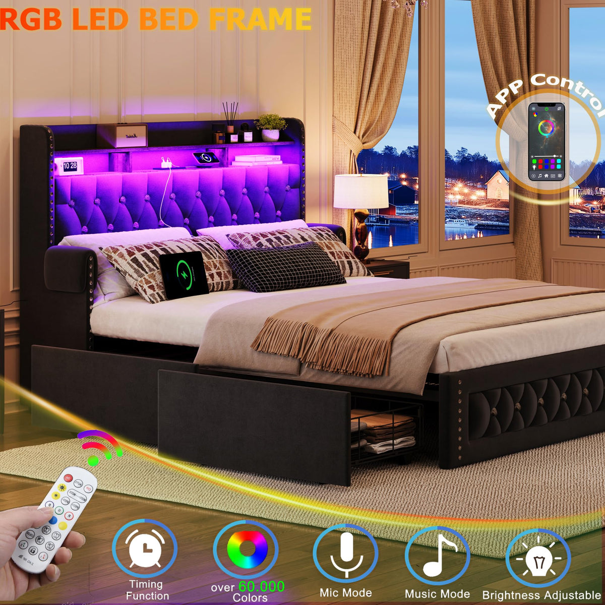 Queen Size Velvet Upholstered Platform Bed with 4 Storage Drawers S71755