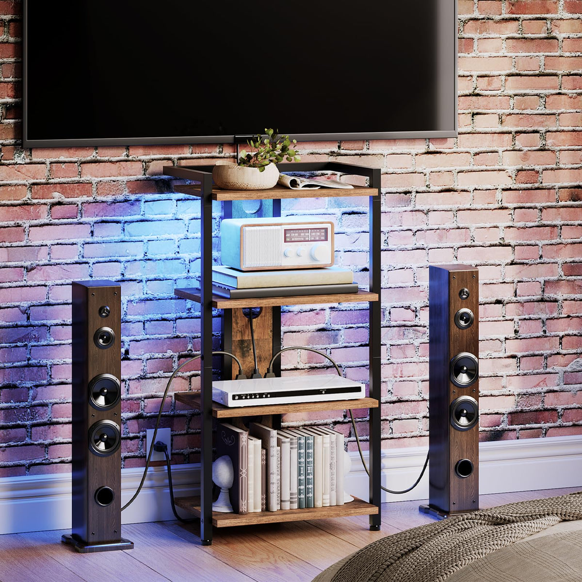 4-Tier Media Stand with Charging Station & LED Light S26012
