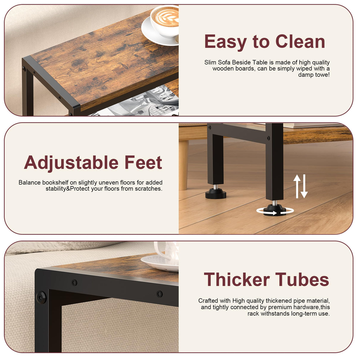Narrow 3 Tier Slim Side Table Rustic Brown M9443