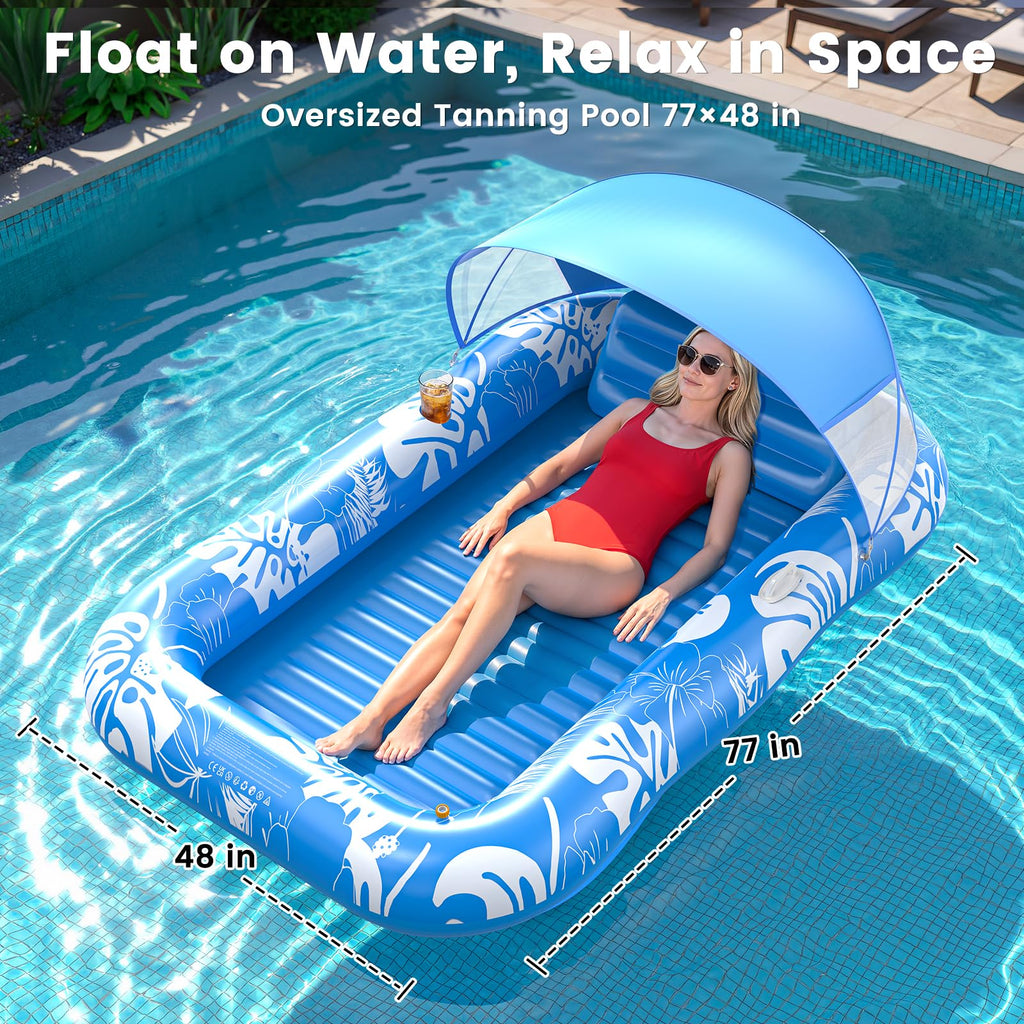 Inflatable Tanning Pool Lounger Float with Sprinkler, Pillow & Cup Holder L239