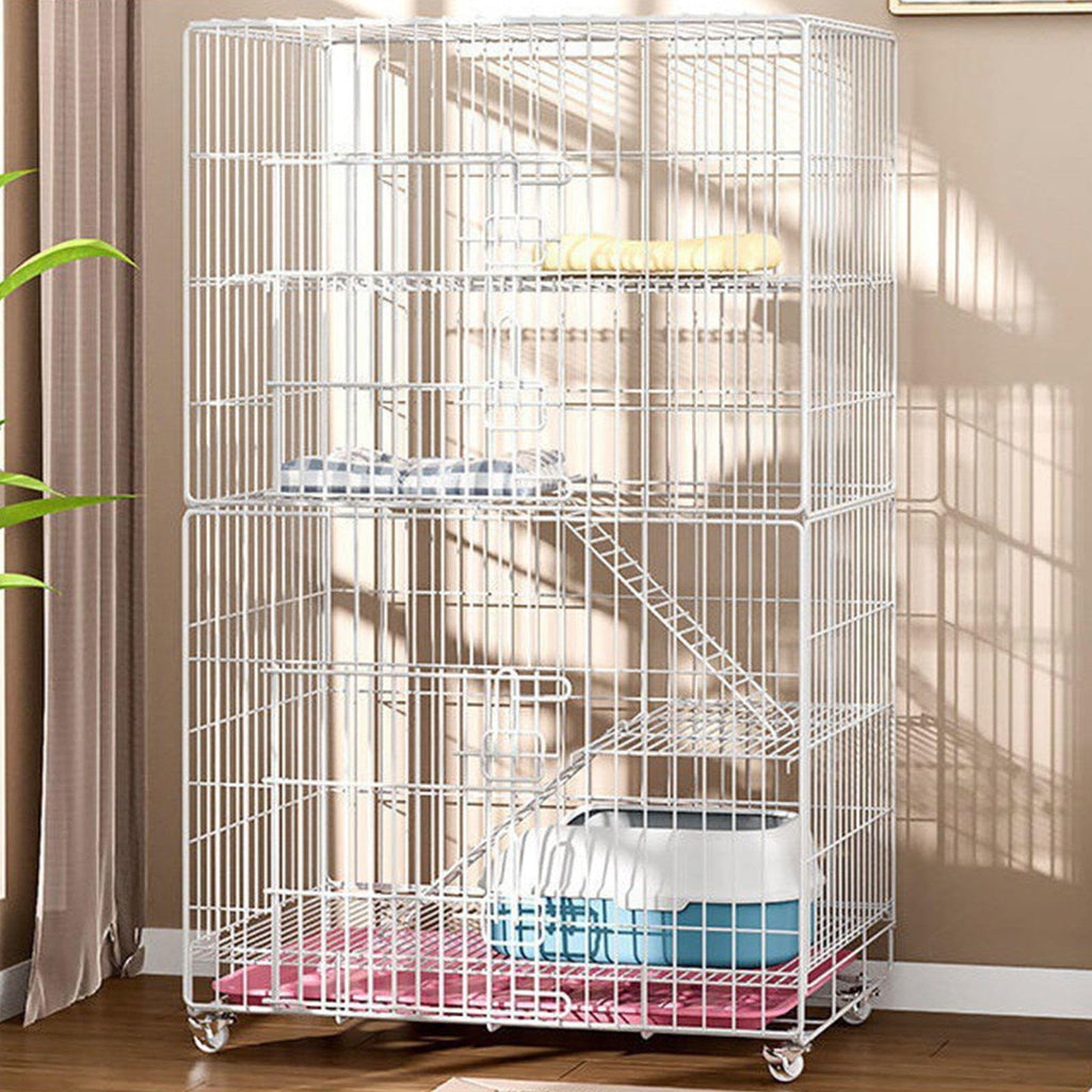 4-Tier Collapsible Metal Wire Cat Cage with Wheels White N873562