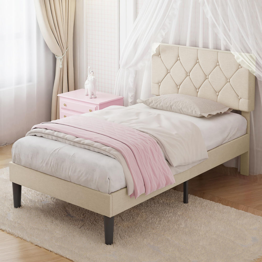 Twin Bed Frame with Upholstered Tufted Headboard, Beige Y539