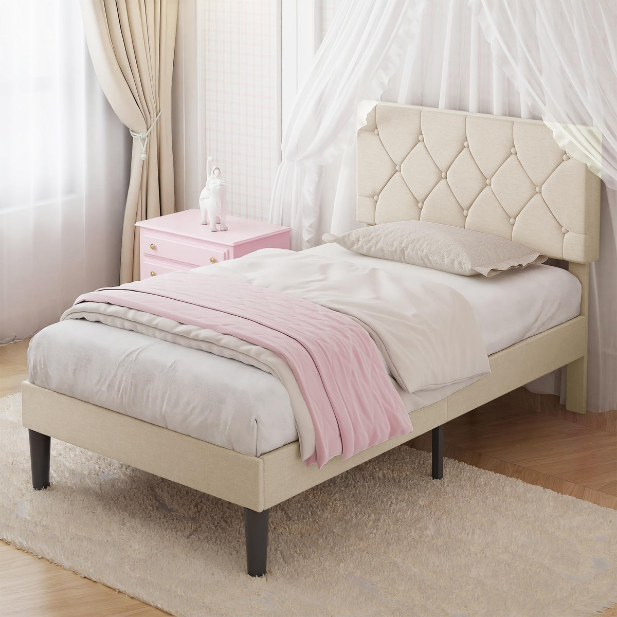 Twin Bed Frame with Upholstered Tufted Headboard, Beige Y539